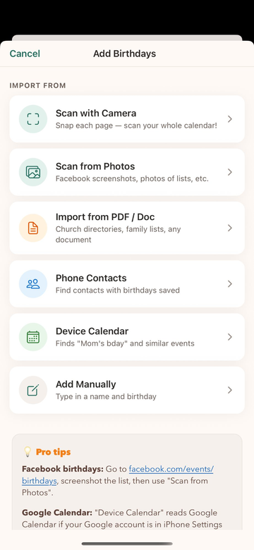 Birthday Book import options