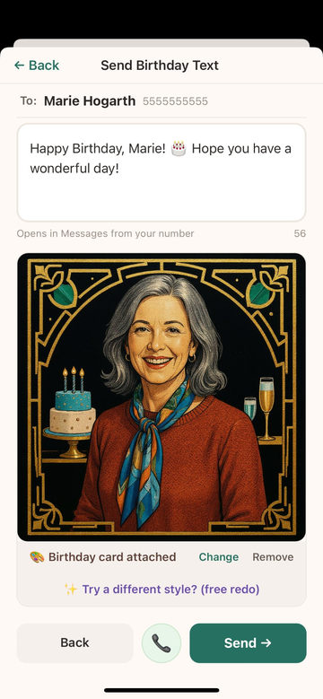 Birthday Book send screen with AI card