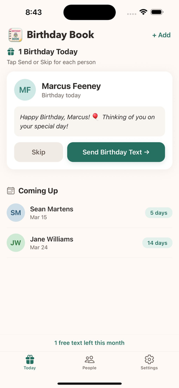 Birthday Book today screen